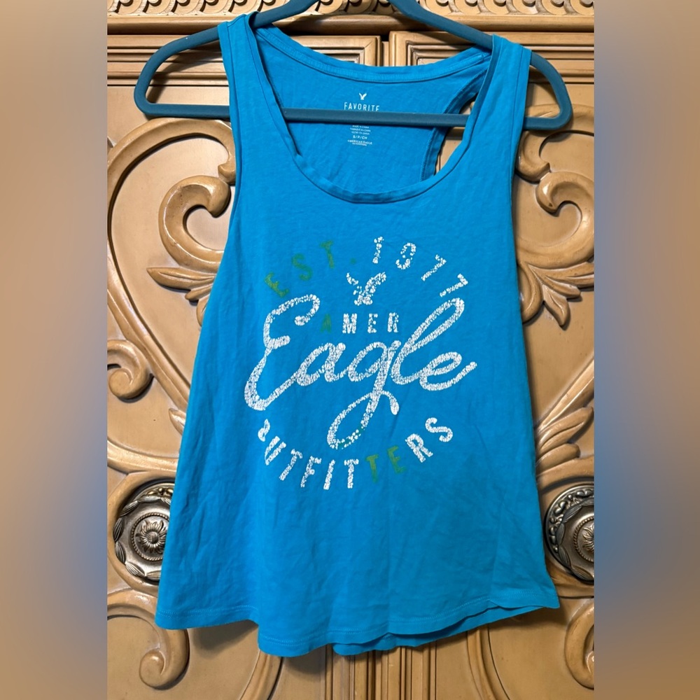 American Eagle Outfitters Turquoise Graphic Tank Top - guc sz small